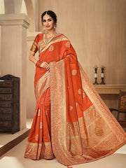 Orange Jacquard Silk Heavy Work Benarasi Saree Sari