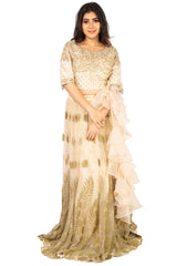 Beige Designer Wedding Partywear Pure Dola Silk Net Cutdana Beads Hand Embroidery Work Bridal Gown G1028