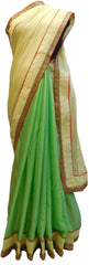 Beige & Green Designer PartyWear Georgette (Viscos) Cutdana Beads Zari Hand Embroidery Work Saree Sari