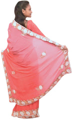 Gajari Designer PartyWear Bridal Crepe (Chinon) Zari Thread Gota Pearl Hand Embroidery Work Wedding Saree Sari
