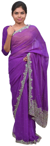 Violet Designer PartyWear Georgette Cutdana Stone Zari Thread Hand Embroidery Work Saree Sari