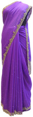 Violet Designer PartyWear Georgette Cutdana Stone Zari Thread Hand Embroidery Work Saree Sari