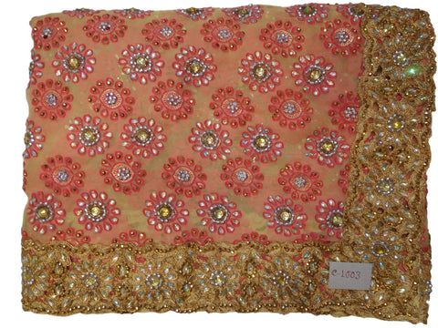 Beige & Pink Designer PartyWear Brasso Zari Stone Cutdana Hand Embroidery Work Saree Sari