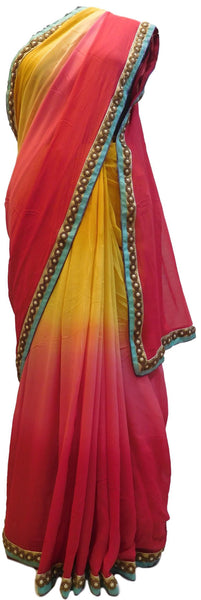 Red & Yellow Designer PartyWear Georgette (Viscos) Pearl Beads Hand Embroidery Work Saree Sari