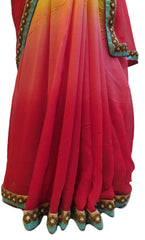 Red & Yellow Designer PartyWear Georgette (Viscos) Pearl Beads Hand Embroidery Work Saree Sari