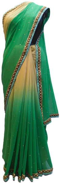 Green & Beige Designer PartyWear Georgette (Viscos) Pearl Beads Hand Embroidery Work Saree Sari