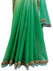 Green & Beige Designer PartyWear Georgette (Viscos) Pearl Beads Hand Embroidery Work Saree Sari