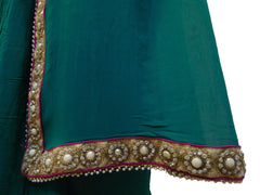 Turquoise Designer PartyWear Georgette (Viscos) Stone Beads Pearl Hand Embroidery Work Saree Sari