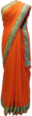 Orange Designer PartyWear Georgette (Viscos) Pearl Thread Hand Embroidery Work Saree Sari
