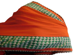 Orange Designer PartyWear Georgette (Viscos) Pearl Thread Hand Embroidery Work Saree Sari
