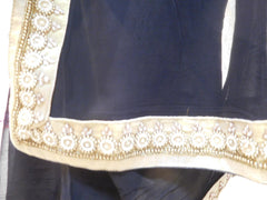 Navy Blue Designer PartyWear Georgette (Viscos) Pearl Beads Bullion Hand Embroidery Work Saree Sari