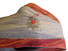 White & Gajari Designer PartyWear Silk Stone Thread Hand Embroidery Work Saree Sari