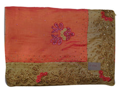 Pink & Beige Designer PartyWear Silk Stone Thread Hand Embroidery Work Saree Sari