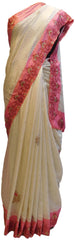White & Pink Designer PartyWear Silk Stone Thread Hand Embroidery Work Saree Sari