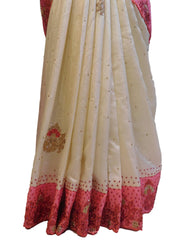 White & Pink Designer PartyWear Silk Stone Thread Hand Embroidery Work Saree Sari