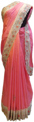 Pink & White Designer PartyWear Silk Stone Thread Hand Embroidery Work Saree Sari