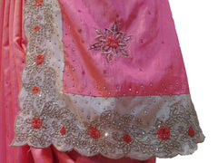 Pink & White Designer PartyWear Silk Stone Thread Hand Embroidery Work Saree Sari