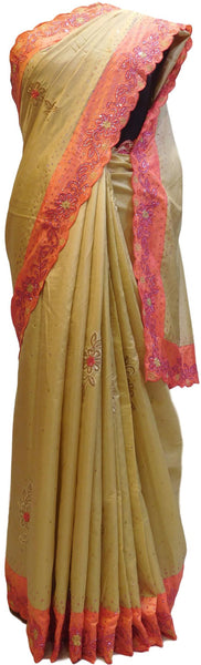 Beige & Pink Designer PartyWear Silk Stone Thread Hand Embroidery Work Saree Sari
