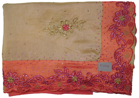 Beige & Pink Designer PartyWear Silk Stone Thread Hand Embroidery Work Saree Sari