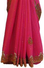 Pink Designer PartyWear Georgette Cutdana Stone Hand Embroidery Work Saree Sari