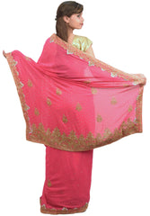 Pink Designer PartyWear Georgette Cutdana Stone Hand Embroidery Work Saree Sari