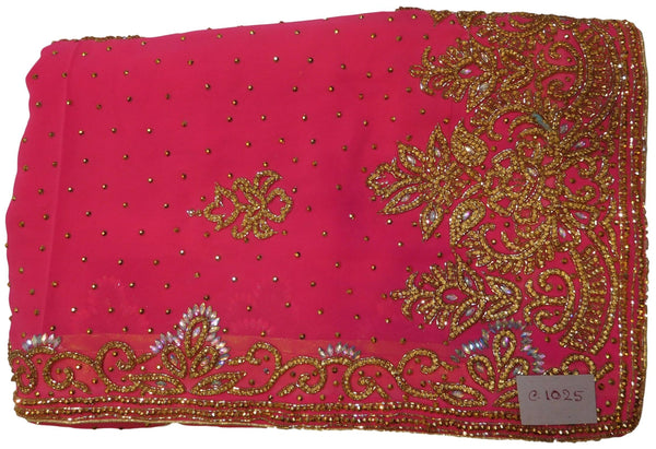 Pink Designer PartyWear Georgette Cutdana Stone Hand Embroidery Work Saree Sari