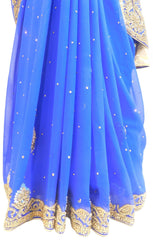 Blue Designer PartyWear Georgette Cutdana Stone Hand Embroidery Work Saree Sari