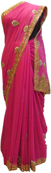 Pink Designer PartyWear Georgette Cutdana Stone Hand Embroidery Work Saree Sari