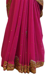 Pink Designer PartyWear Georgette Cutdana Stone Hand Embroidery Work Saree Sari