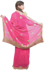 Pink Designer PartyWear Georgette Cutdana Stone Hand Embroidery Work Saree Sari