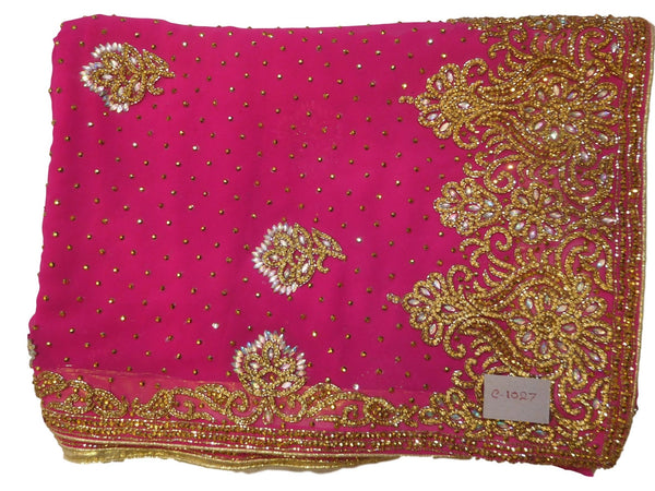 Pink Designer PartyWear Georgette Cutdana Stone Hand Embroidery Work Saree Sari