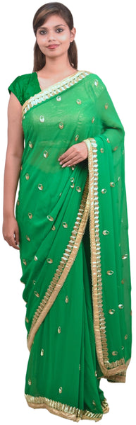 Green Designer PartyWear Georgette Pearl Cutdana Hand Embroidery Work Saree Sari