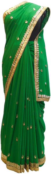 Green Designer PartyWear Georgette Pearl Cutdana Hand Embroidery Work Saree Sari