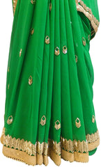Green Designer PartyWear Georgette Pearl Cutdana Hand Embroidery Work Saree Sari
