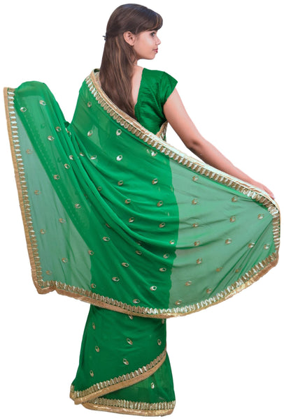 Green Designer PartyWear Georgette Pearl Cutdana Hand Embroidery Work Saree Sari