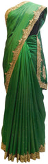 Green Designer PartyWear Silk Beads Bullion Cutdana Stone Hand Embroidery Work Saree Sari