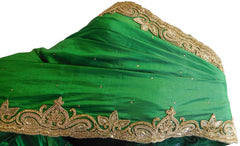 Green Designer PartyWear Silk Beads Bullion Cutdana Stone Hand Embroidery Work Saree Sari