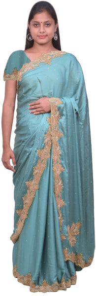 Turquoise Designer PartyWear Silk Beads Bullion Cutdana Stone Hand Embroidery Work Saree Sari