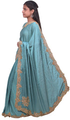 Turquoise Designer PartyWear Silk Beads Bullion Cutdana Stone Hand Embroidery Work Saree Sari