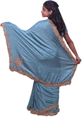 Turquoise Designer PartyWear Silk Beads Bullion Cutdana Stone Hand Embroidery Work Saree Sari
