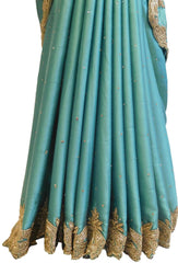 Turquoise Designer PartyWear Silk Beads Bullion Cutdana Stone Hand Embroidery Work Saree Sari