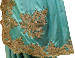 Turquoise Designer PartyWear Silk Beads Bullion Cutdana Stone Hand Embroidery Work Saree Sari