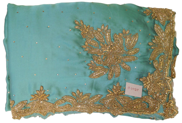 Turquoise Designer PartyWear Silk Beads Bullion Cutdana Stone Hand Embroidery Work Saree Sari