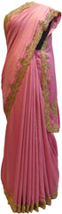 Pink Designer PartyWear Silk Beads Bullion Cutdana Stone Hand Embroidery Work Saree Sari