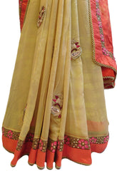 Orange & Beige Designer PartyWear Georgette (Viscos) Pearl Zari Stone Thread Hand Embroidery Work Saree Sari