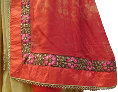 Orange & Beige Designer PartyWear Georgette (Viscos) Pearl Zari Stone Thread Hand Embroidery Work Saree Sari