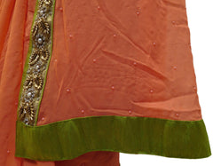 Peach Designer PartyWear Georgette (Viscos) Beads Pearl Stone Hand Embroidery Work Saree Sari