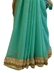 Turquoise Designer PartyWear Georgette (Viscos) Pearl Beads Bullion Hand Embroidery Work Saree Sari