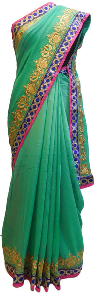 Turquoise Designer PartyWear Georgette (Viscos) Zari Stone Thread Hand Embroidery Work Saree Sari