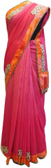 Pink Designer PartyWear Georgette (Viscos) Pearl Zari Stone Cutdana Hand Embroidery Work Saree Sari